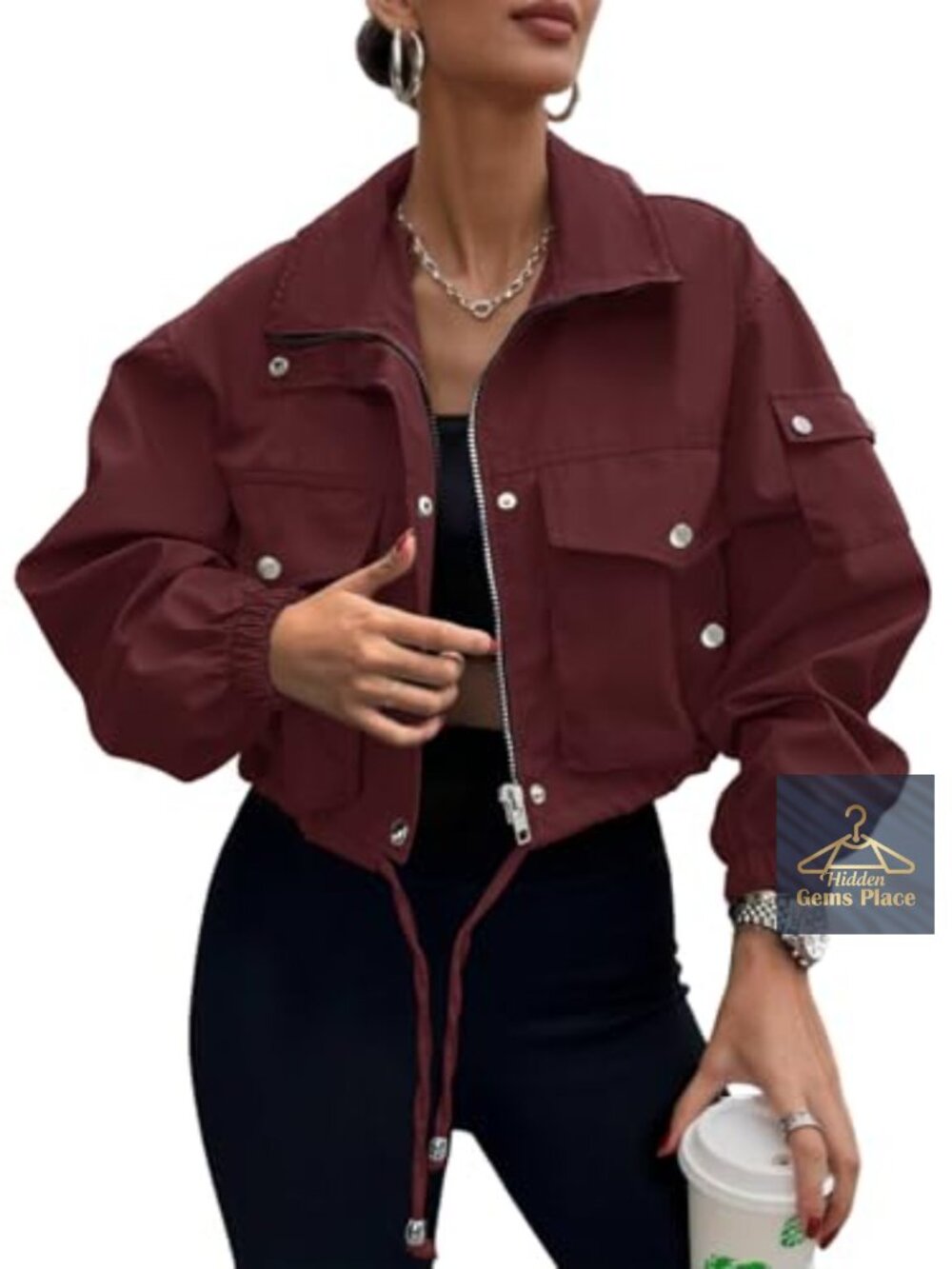 100% Polyester Women's Cropped Bomber Jacket Lightweight Full Zip with Pockets